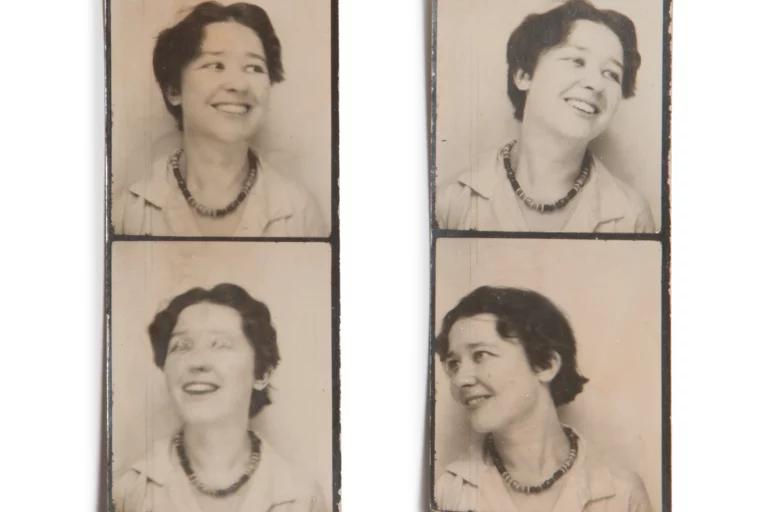 ATM_PhotoBooth2 Two strips of 2 photo booth photos from the 1930s, of a young woman with a light skin tone and dark hair with a short haircut smiling in each photo.
