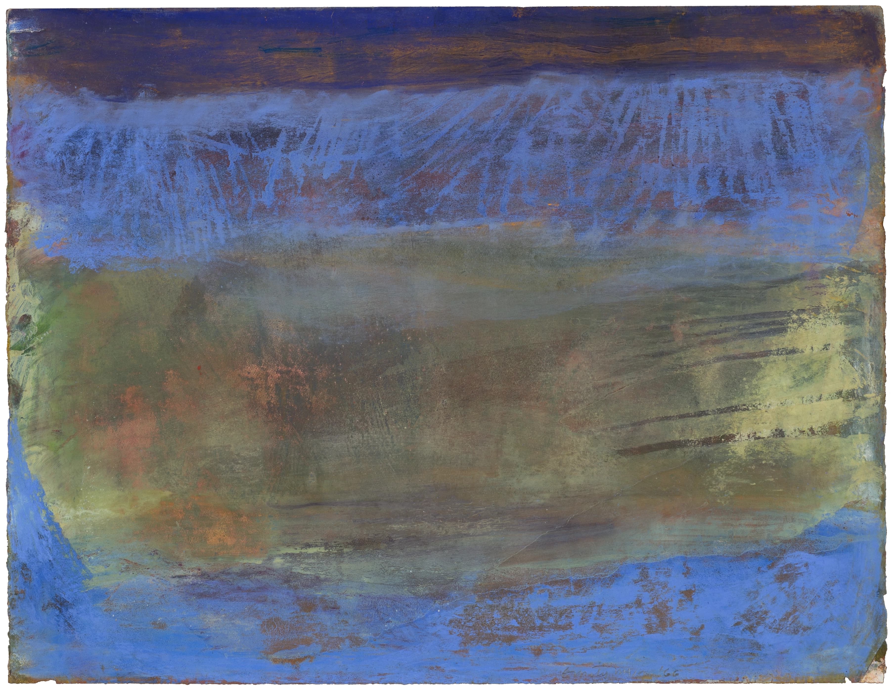 An image of an abstract oil on paper work, with a greyish-yellow, horizontal band in the center, with light blue strokes above and below it. A deep purple, horizontal band is at the very top of the composition.